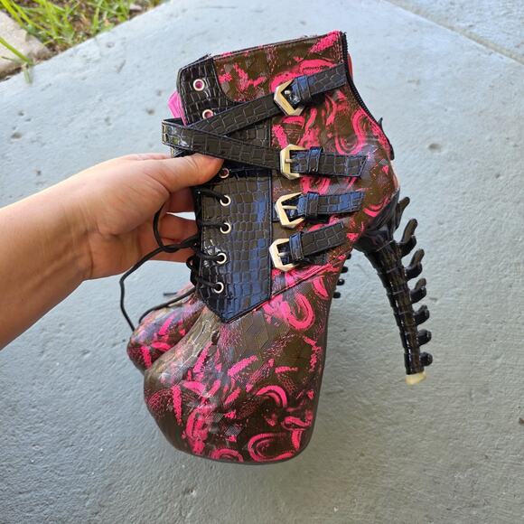 Show Story, trendy buckle zip high-top bone heel platform ankle boot pink suede - Picture 1 of 16